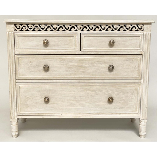 105 - COMMODE, French style grey painted with two short and two long drawers and pierced frieze, 90cm x 36... 