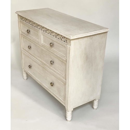 105 - COMMODE, French style grey painted with two short and two long drawers and pierced frieze, 90cm x 36... 