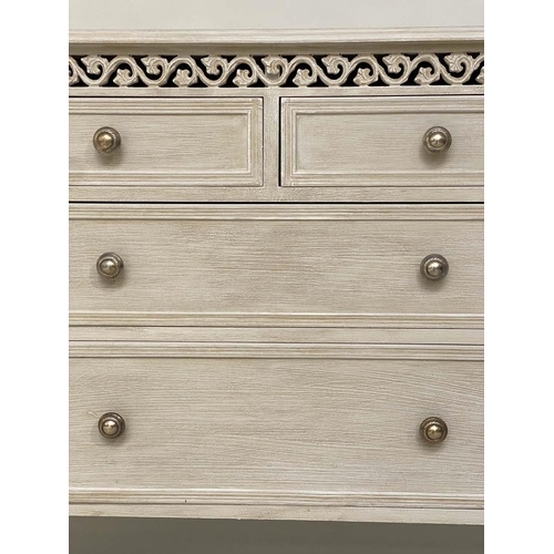 105 - COMMODE, French style grey painted with two short and two long drawers and pierced frieze, 90cm x 36... 