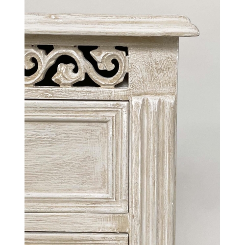 105 - COMMODE, French style grey painted with two short and two long drawers and pierced frieze, 90cm x 36... 