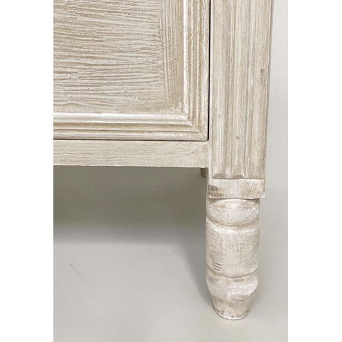 105 - COMMODE, French style grey painted with two short and two long drawers and pierced frieze, 90cm x 36... 