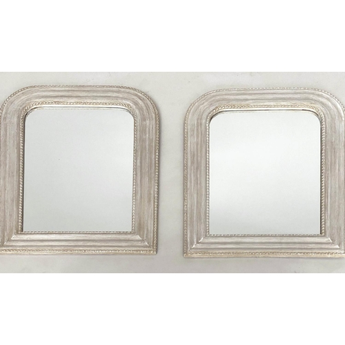 107 - WALL MIRRORS, a pair, arched grey painted with beaded frames, 50cm W x 65cm H. (2)