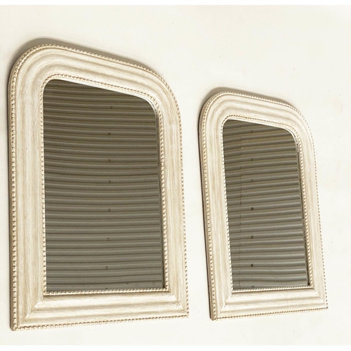 107 - WALL MIRRORS, a pair, arched grey painted with beaded frames, 50cm W x 65cm H. (2)