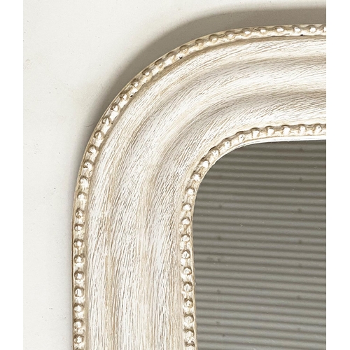 107 - WALL MIRRORS, a pair, arched grey painted with beaded frames, 50cm W x 65cm H. (2)