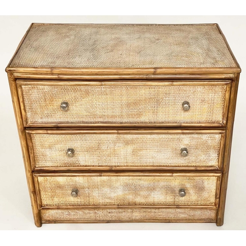 108 - BAMBOO CHEST, 1970s framed and cane panelled with three long drawers, 78cm x 45cm D x 72cm H.