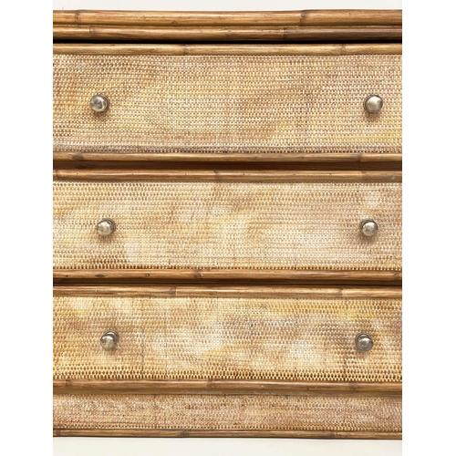 108 - BAMBOO CHEST, 1970s framed and cane panelled with three long drawers, 78cm x 45cm D x 72cm H.