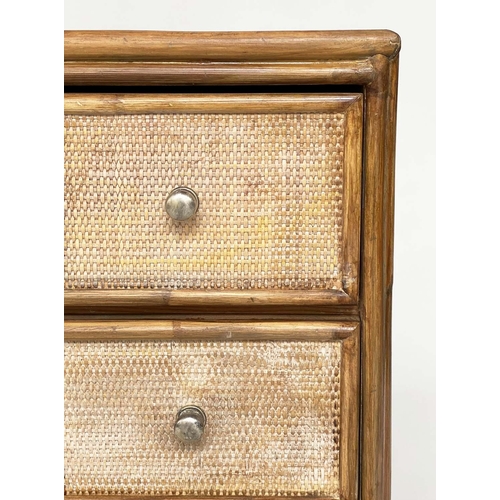 108 - BAMBOO CHEST, 1970s framed and cane panelled with three long drawers, 78cm x 45cm D x 72cm H.