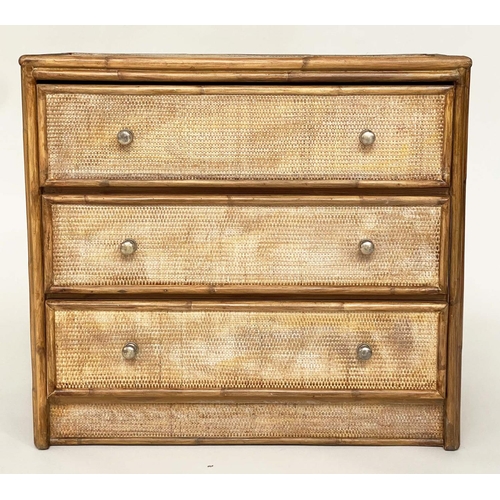 108 - BAMBOO CHEST, 1970s framed and cane panelled with three long drawers, 78cm x 45cm D x 72cm H.