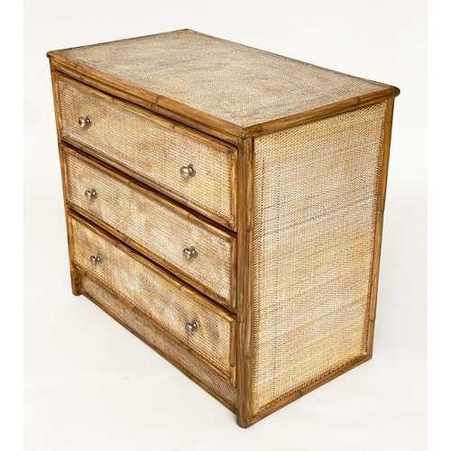 108 - BAMBOO CHEST, 1970s framed and cane panelled with three long drawers, 78cm x 45cm D x 72cm H.