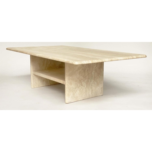 113 - TRAVERTINE LOW TABLE, rectangular 1970s Italian marble on undertiered plinth base, 120cm W x 70cm D ... 