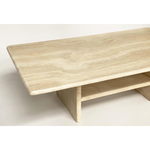 113 - TRAVERTINE LOW TABLE, rectangular 1970s Italian marble on undertiered plinth base, 120cm W x 70cm D ... 