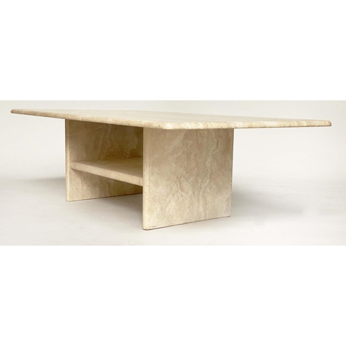 113 - TRAVERTINE LOW TABLE, rectangular 1970s Italian marble on undertiered plinth base, 120cm W x 70cm D ... 