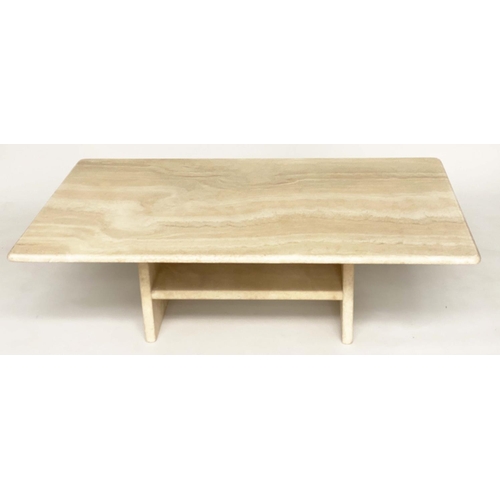 113 - TRAVERTINE LOW TABLE, rectangular 1970s Italian marble on undertiered plinth base, 120cm W x 70cm D ... 