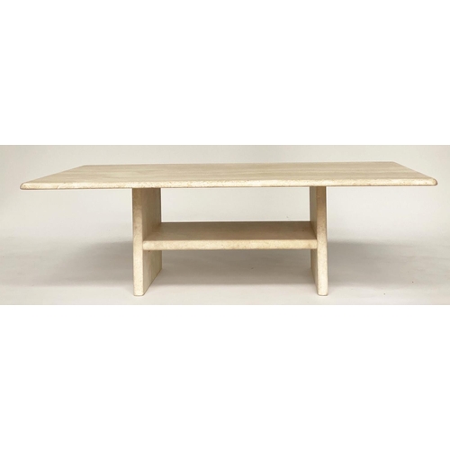 113 - TRAVERTINE LOW TABLE, rectangular 1970s Italian marble on undertiered plinth base, 120cm W x 70cm D ... 