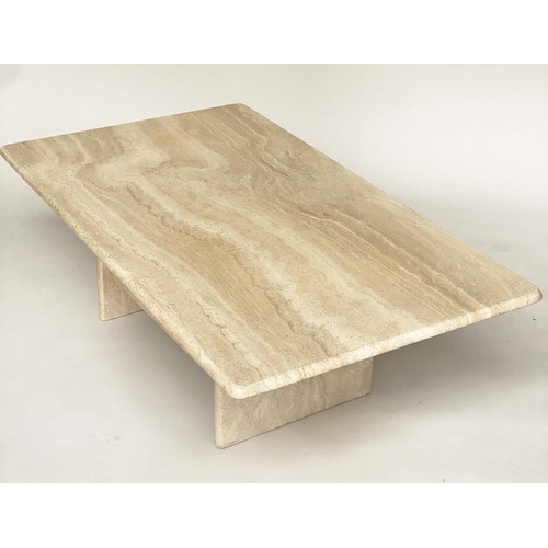 113 - TRAVERTINE LOW TABLE, rectangular 1970s Italian marble on undertiered plinth base, 120cm W x 70cm D ... 