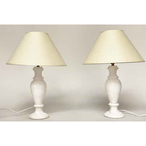 116 - ALABASTER TABLE LAMPS, a pair, turned column alabaster with shades. (2)