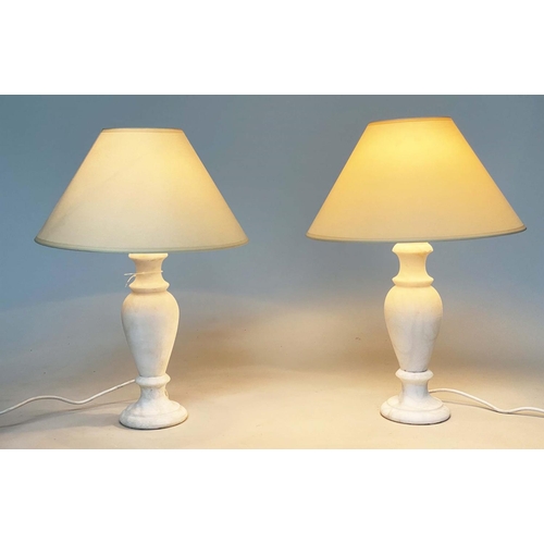 116 - ALABASTER TABLE LAMPS, a pair, turned column alabaster with shades. (2)