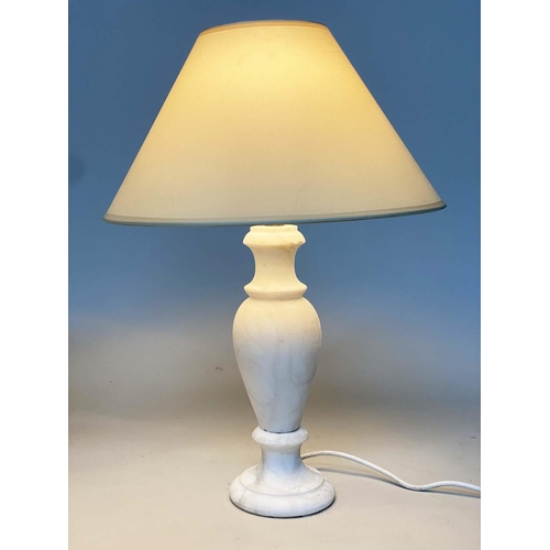 116 - ALABASTER TABLE LAMPS, a pair, turned column alabaster with shades. (2)