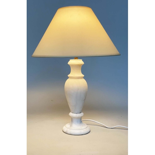 116 - ALABASTER TABLE LAMPS, a pair, turned column alabaster with shades. (2)