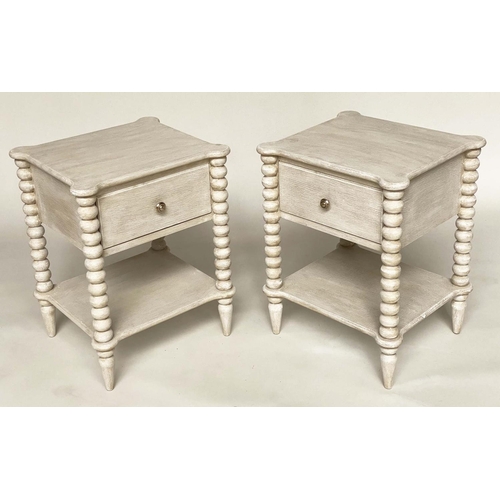 117 - BEDSIDE TABLES, a pair, grey painted each with drawer undertier and bobbin turned columns, 47cm x 42... 