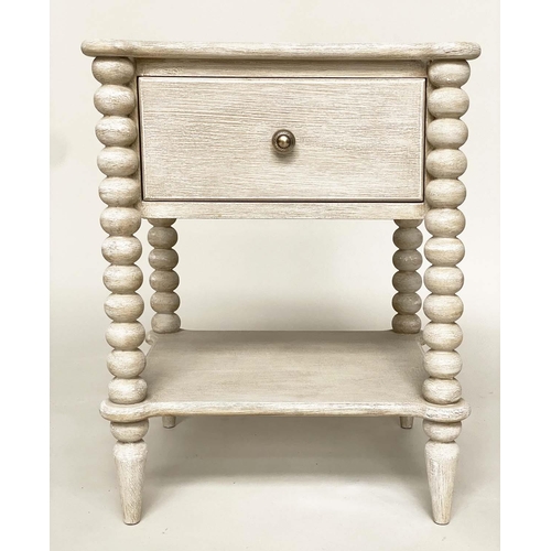 117 - BEDSIDE TABLES, a pair, grey painted each with drawer undertier and bobbin turned columns, 47cm x 42... 