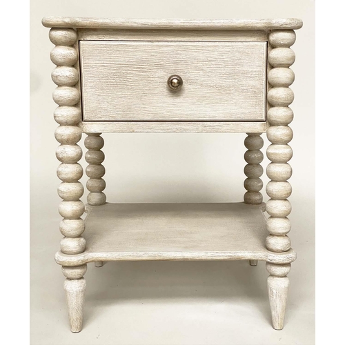 117 - BEDSIDE TABLES, a pair, grey painted each with drawer undertier and bobbin turned columns, 47cm x 42... 