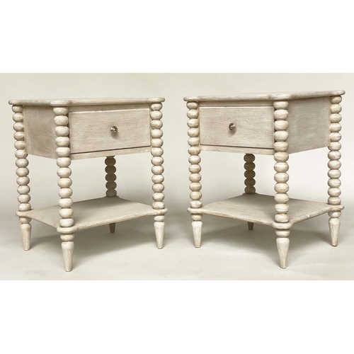 117 - BEDSIDE TABLES, a pair, grey painted each with drawer undertier and bobbin turned columns, 47cm x 42... 