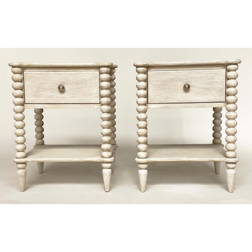 117 - BEDSIDE TABLES, a pair, grey painted each with drawer undertier and bobbin turned columns, 47cm x 42... 