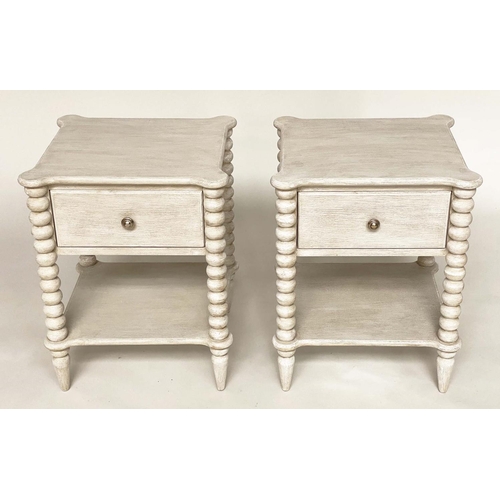 117 - BEDSIDE TABLES, a pair, grey painted each with drawer undertier and bobbin turned columns, 47cm x 42... 