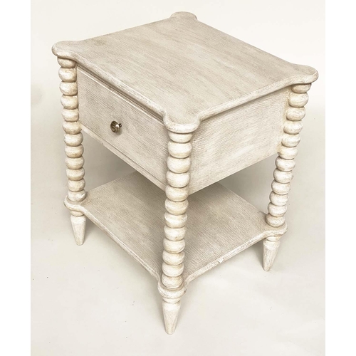 117 - BEDSIDE TABLES, a pair, grey painted each with drawer undertier and bobbin turned columns, 47cm x 42... 