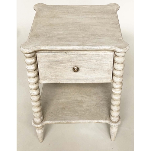 117 - BEDSIDE TABLES, a pair, grey painted each with drawer undertier and bobbin turned columns, 47cm x 42... 