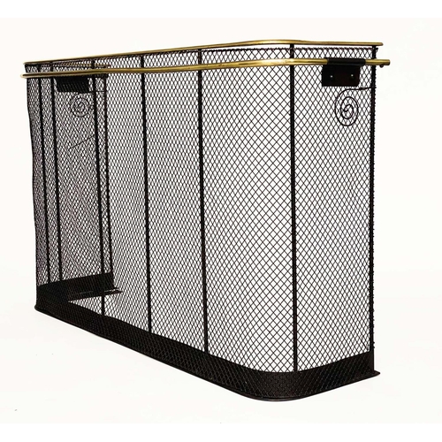 118 - NURSERY FENDER, Victorian wrought iron framed mesh panelled and double brass rail mounted. 70cm H x ... 