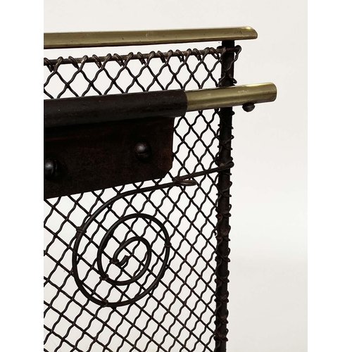 118 - NURSERY FENDER, Victorian wrought iron framed mesh panelled and double brass rail mounted. 70cm H x ... 