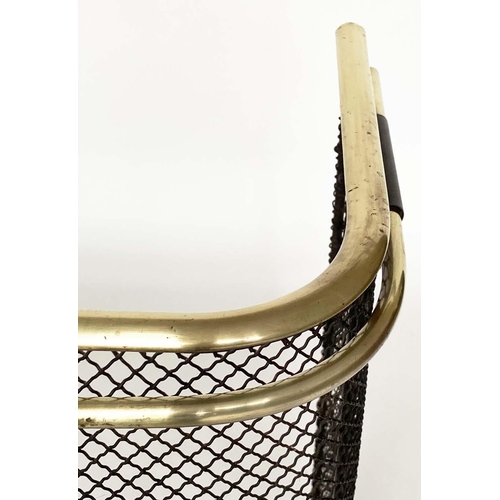 118 - NURSERY FENDER, Victorian wrought iron framed mesh panelled and double brass rail mounted. 70cm H x ... 