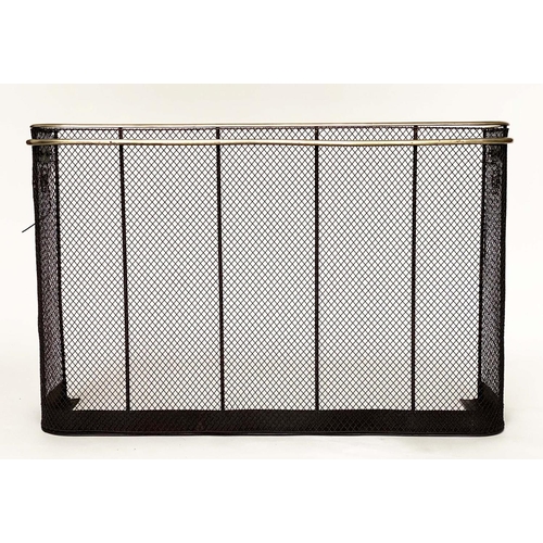 118 - NURSERY FENDER, Victorian wrought iron framed mesh panelled and double brass rail mounted. 70cm H x ... 