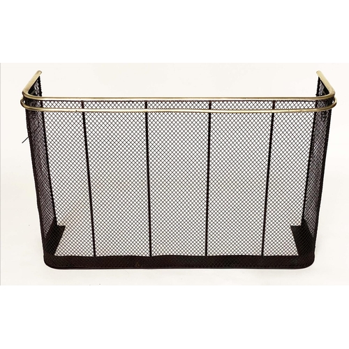 118 - NURSERY FENDER, Victorian wrought iron framed mesh panelled and double brass rail mounted. 70cm H x ... 