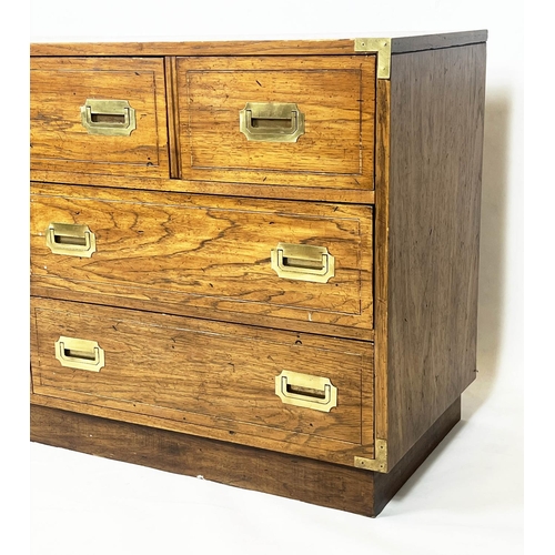 126 - LOW CHEST, campaign style with an arrangement of seven drawers, 74cm H x 143cm W x 46cm D.