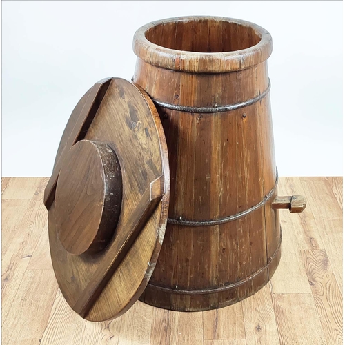 140 - BARREL, 65cm x 73cm H with a removable top, chalon style metal bound.