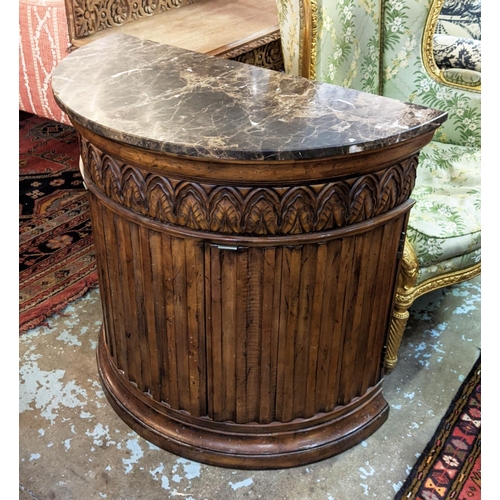 141 - DEMI LUNE CABINET, with a marble top 84cm H x 47cm x 90cm, with a carved frieze over two fluted door... 