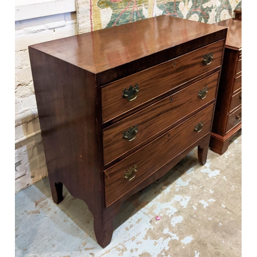 142 - CHEST, 87cm W x 43cm D x 89cm H, 19th century mahogany with cross banded detail and three drawers.