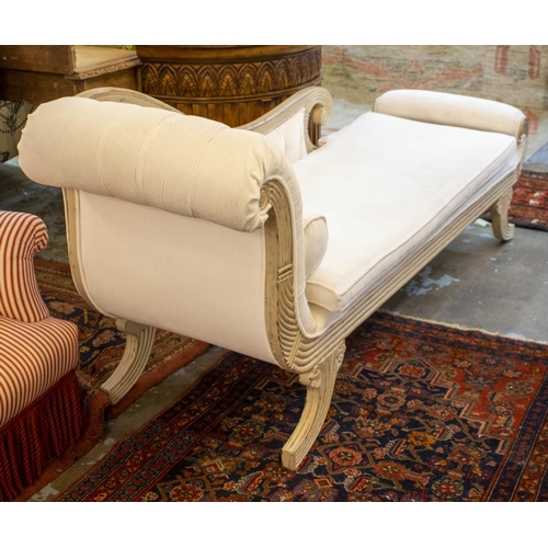 146 - CHAISE LONGUE, 95cm H x 215cm L x 65cm, Regency style painted with white corduroy upholstery.