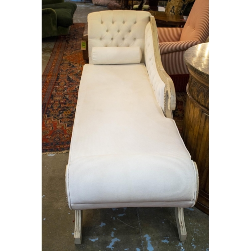 146 - CHAISE LONGUE, 95cm H x 215cm L x 65cm, Regency style painted with white corduroy upholstery.