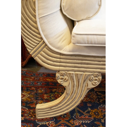 146 - CHAISE LONGUE, 95cm H x 215cm L x 65cm, Regency style painted with white corduroy upholstery.