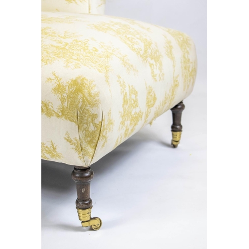 149 - CHAISE LONGUE, 74cm H x 137cm L x 87cm, yellow toile du jouy fabric upholstered on brass castors.