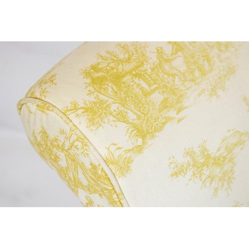 149 - CHAISE LONGUE, 74cm H x 137cm L x 87cm, yellow toile du jouy fabric upholstered on brass castors.