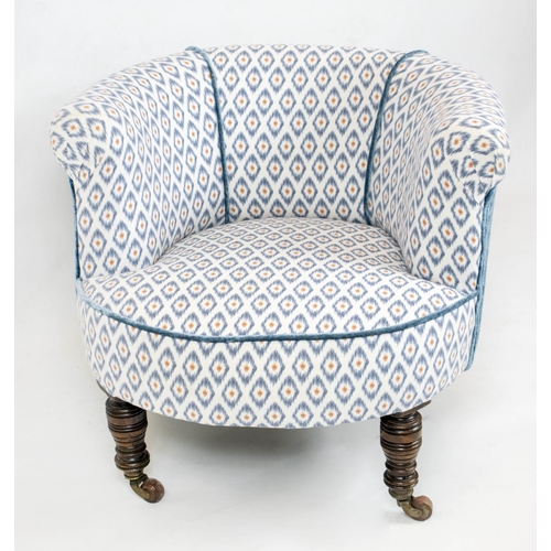 150 - TUB CHAIR, 56cm H x 66cm, Victorian beechwood in patterned material and blue velvet.