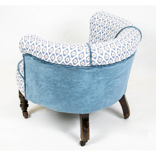 150 - TUB CHAIR, 56cm H x 66cm, Victorian beechwood in patterned material and blue velvet.