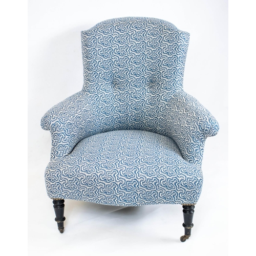 151 - BERGERE, 92cm H x 83cm, Napoleon III ebonised in blue Linwood tango weave fabric on wood castors.