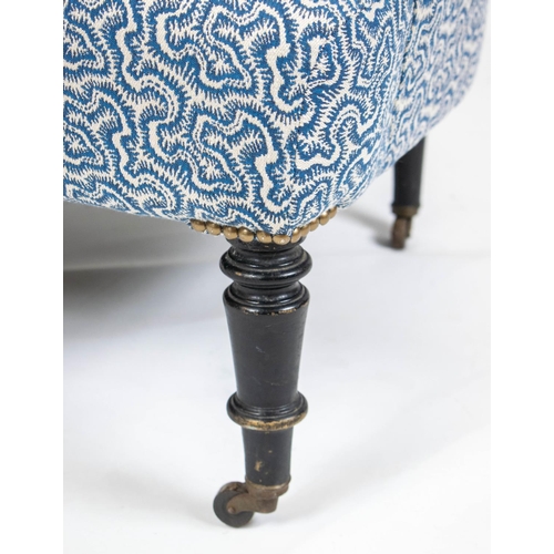 151 - BERGERE, 92cm H x 83cm, Napoleon III ebonised in blue Linwood tango weave fabric on wood castors.