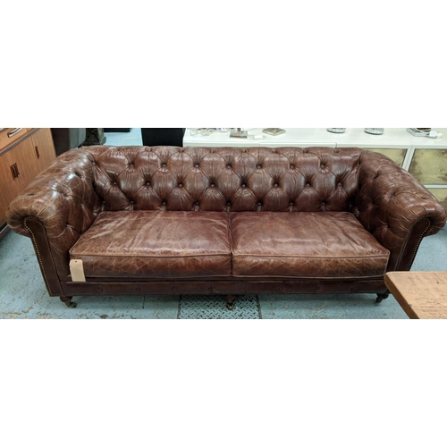 155 - CHESTERFIELD STYLE SOFA, tan button back leather upholstered, studded detail. 220cm x 90cm x 75cm.